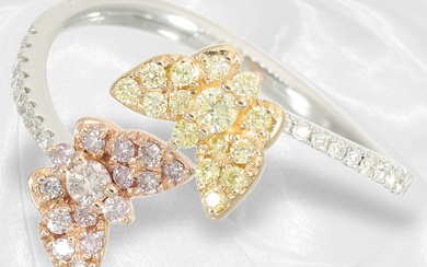 Ring: fancy, like new diamond ring with white, yellow and pink brilliant-cut diamonds
