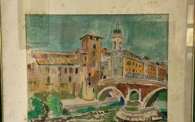 Roger WORMS (1907-1980) Vue de pont,palais,clocher de l'église orthodoxe grecque de Venise Pastel gras et...