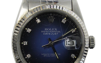 Rolex Oyster-Perpetual-Datejust Herrenarmbanduhr, Stahlgehäuse, Jubilé-Armband aus Stahl, Rolex-Automatikwerk, dunkelblaues Zifferblatt, haarrissig, 10 Diamanten in 8/8-Schliff,...