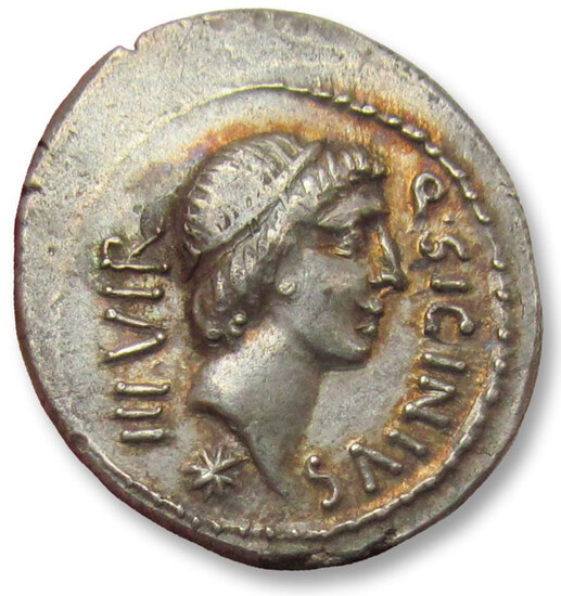 Roman Republic (Imperatorial). Q. Sicinius and C. Coponius, 49 BC. AR Denarius,Asia Minor - beautiful gold iridescence