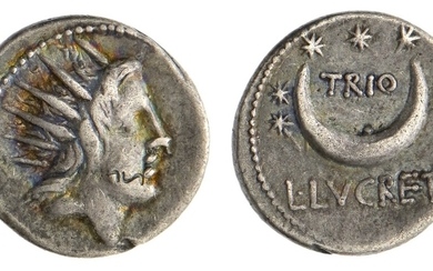 Roman Republic. L. Lucretius Trio. AR Denarius, 74 BC. 3.9 gms. Radiate head of Sol right, rev....