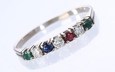 Ruby, emerald, sapphire and diamond ring of 18 kt. white gold