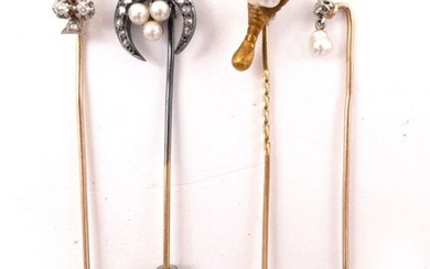 SET OF FOUR PINNIPLES IN 18K yellow gold and metal: -one featuring a crescent moon with rose-cut diamonds and three white pearls (untested) -one with a brilliant-cut diamond holding a white pearl (untested) in a tassel -one featuring a claw holding a...
