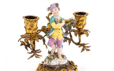 SMALL BRONZE AND PORCELAIN CANDLESTICK WITH WINEGROWER'S BOY