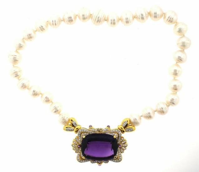 STUNNING 18k Yellow Gold, Pearl & Amethyst Necklace