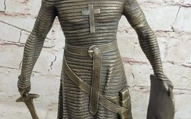 Sacred Guardian Original Bronze Sculpture of The Crusader Knight Templar on Marble Base - 15" x 7"