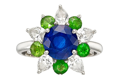 Sapphire, Demantoid Garnet, Diamond, Platinum Ring Stones: Round-shaped sapphire...
