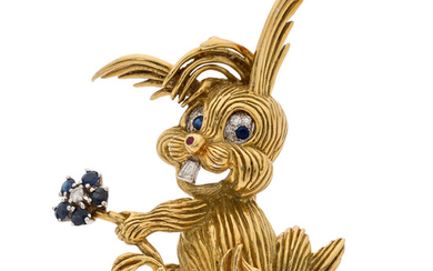 Sapphire, Diamond, Gold Brooch The bunny brooch features round-cut...