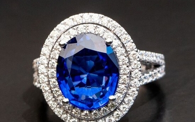 Sapphire Ring with Diamonds - 14 kt. White gold - Ring - 6.00 ct Sapphire - 1.00ct Diamonds D VVS