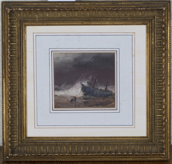 Sarah Louisa Kilpack - Shipwreck on a Beach, possibly Jersey, oil on board, signed with initials, 7.