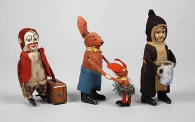 Schuco trois figurines de danse "Clown porteur de valise", "Lapin avec bébé" et "Münchner Kindl...