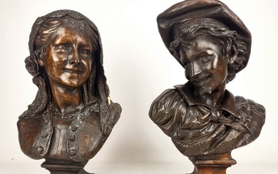 Sculpture, A pair of large busts of a young couple in love - 48.5 cm - Terracotta