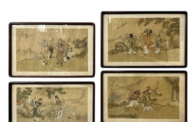 Set of Four Chinese Paintings in Rosewood Frames, Signed, 19th Century