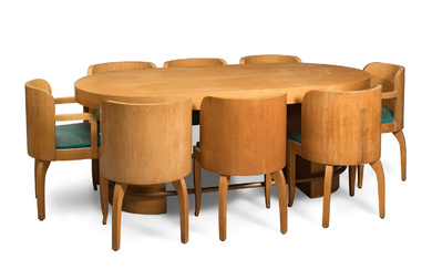 Set of dining table and 8 matching Art Deco chairs. France, ca. 1930