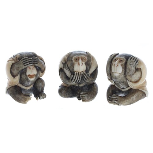 Set of three antique ivory netsuke monkeys - 'see no evil', ...