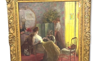 Signed Albert Breaute (French, 1853-1939) Oil Painting on Canvas Depicting Lady Getting Her Nail's