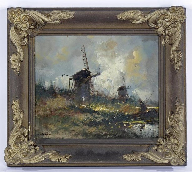 Signed J van Dongen, Landscape with 2 windmills, panel
