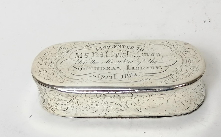 Silver snuff box, rectangular with rounded ends inscribed --...