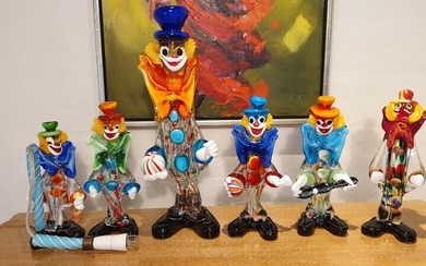 SOLD. Six figures of polychrome glass in the shape of clowns. Made at Murano, Italy. H. 25 - 41 cm. (6) – Bruun Rasmussen Auctioneers of Fine Art