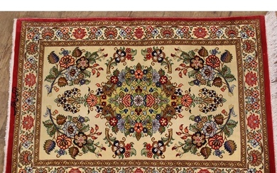 Small modern oriental silk rug with a medallion and floral s...