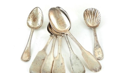 South Carolina coin silver spoons and sugar shell (7pcs)