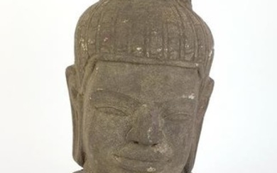 Stone Buddha Bust on Wooden Base