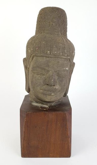 Stone Buddha Bust on Wooden Base