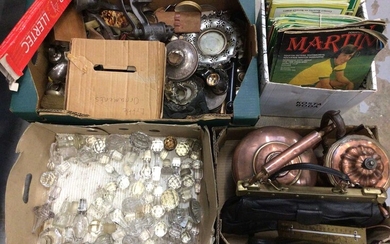 Sundry items, including glass decanter stoppers, football programmes, etc