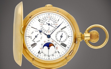 Swiss A yellow gold hunting cased perpetual calendar carillon minute...