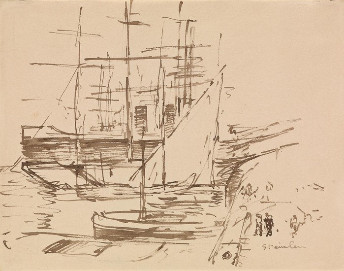 THÉOPHILE-ALEXANDRE STEINLEN (Lausanne 1853-1923 Paris) A Harbor Scene with Ships. Brush and brown...
