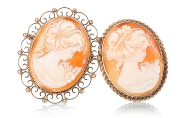 THREE CAMEO BROOCHES ALONG WITH TWO VICTORIAN MOURNING BROOCHES