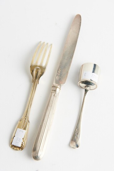 THREE PIECES OF VICTORIAN STERLING SILVER INCLUDING A CADDY SPOON AND A SILVER GILT FORK, LEONARD JOEL LOCAL DELIVERY SIZE: SMALL