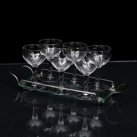 TRAY, glass and metal and LIQUOR GLASS, 6 pcs, around the middle of the 20th century.