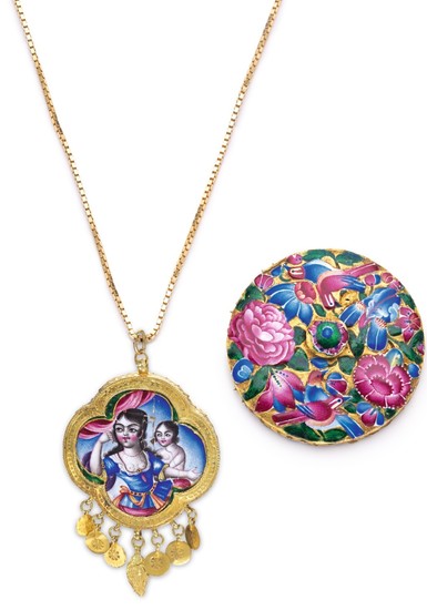 TWO QAJAR GOLD AND ENAMELLED JEWELLERY ELEMENTS, PERSIA, 19TH CENTURY