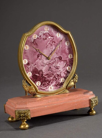 Table clock on a reddish marble base with fine bronze mountings in Art Deco façon and enamel dial with purple Camaieu print "Venus on the Shell Chariot" and Arabic numerals, verso marked: Thürler Zurich, 8-day movement, h. 17.5cm, fine cracks (no...