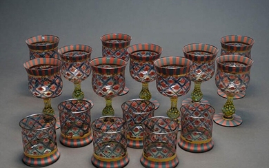 Ten MacKenzie-Childs 'Circus Rose' Art Glass Tall Water Goblets and a Set of Six Old Fashioned Tumblers