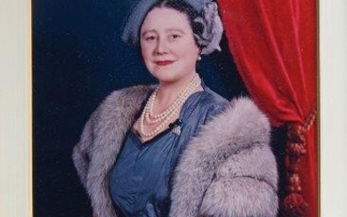 The Hon. Mountstuart William Elphinstone FRPS, British 1871-1957- Queen Elizabeth, The Queen Mother; colour photograph, signed in pencil on the mount, signed by the sitter in pen and black ink, mounted in a glazed Hogarth frame (ARR) Note: The Hon...