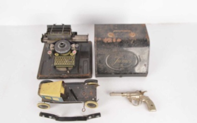 Tin Toys including Burnett Car pars and Gerbruder Schmidt Typewriter and metal Toy Gun