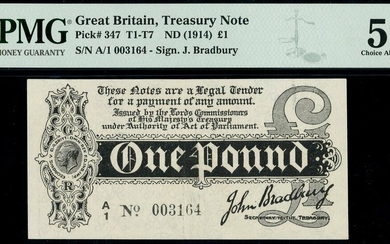 Treasury Series, John Bradbury, first issue £1, ND (7 August 1914), serial number A/1 003164, (...