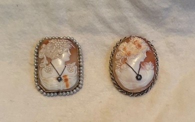 Two 14K Gold & Cameo Brooches/Pendants