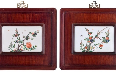 Two Chinese famille verte porcelain plaques, each mounted...