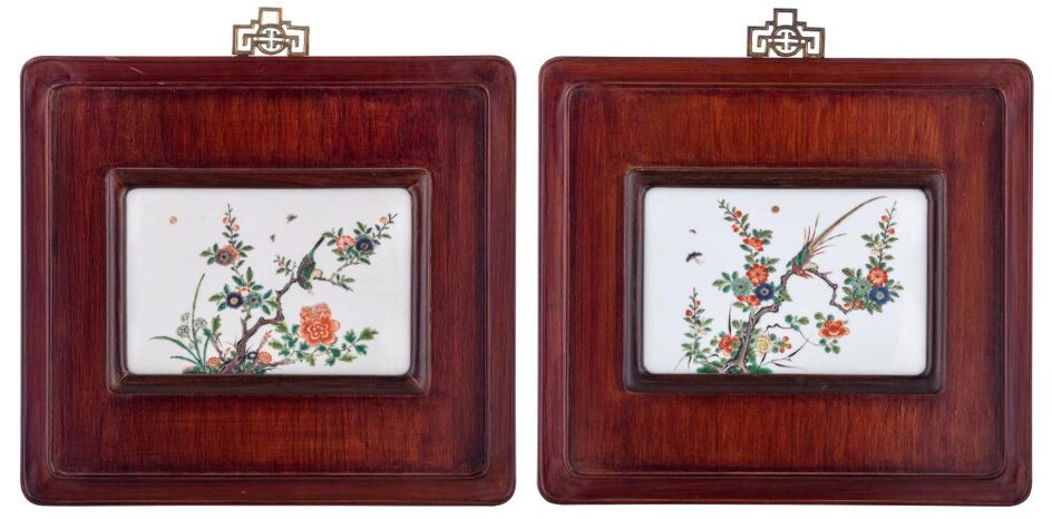 Two Chinese famille verte porcelain plaques, each mounted...