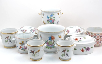 Two Herend Queen Victoria pattern porcelain jardinieres, 20th century, each with scallop form lugs, printed factory marks to the underside, 20cm and 16cm high, together with a further selection of porcelain jardinieres and lidded dishes, various...