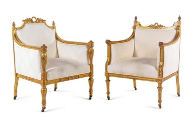 Two Louis XVI Style Carved Giltwood Bergeres