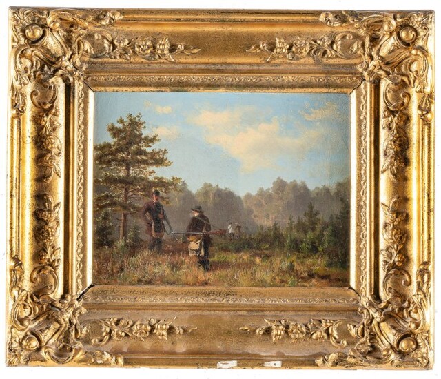 Two Sunday hunters in a meadow and forest landscape