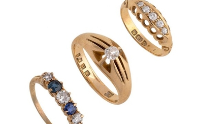 Two diamond rings and a sapphire and diamond ring, set with circular-cut diamonds and sapphires, ring sizes O, I and M