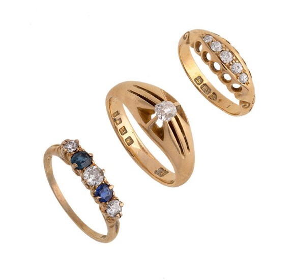 Two diamond rings and a sapphire and diamond ring, set with circular-cut diamonds and sapphires, ring sizes O, I and M