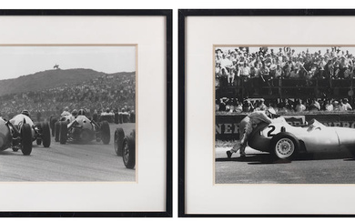 Two framed photographs by Bernard Cahier depicting Grand Prix race...