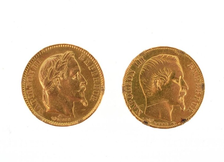 Two gold coins of 20 FF Napoleon III