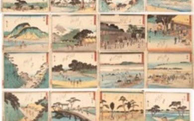 UTAGAWA HIROSHIGE (JAPAN, 1797-58) WOODBLOCK PRINTS ON MULBERRY (KOZO) PAPER, 1840-42, H 6.25", W 8.75", KYOKA TOKAIDO